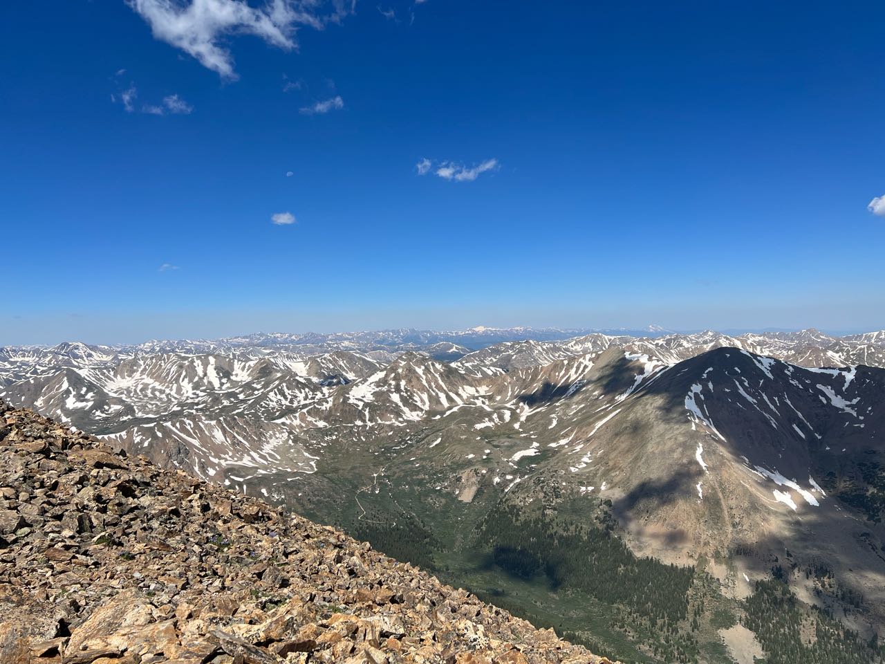 Rocky summit view over snow-streaked Colorado peaks