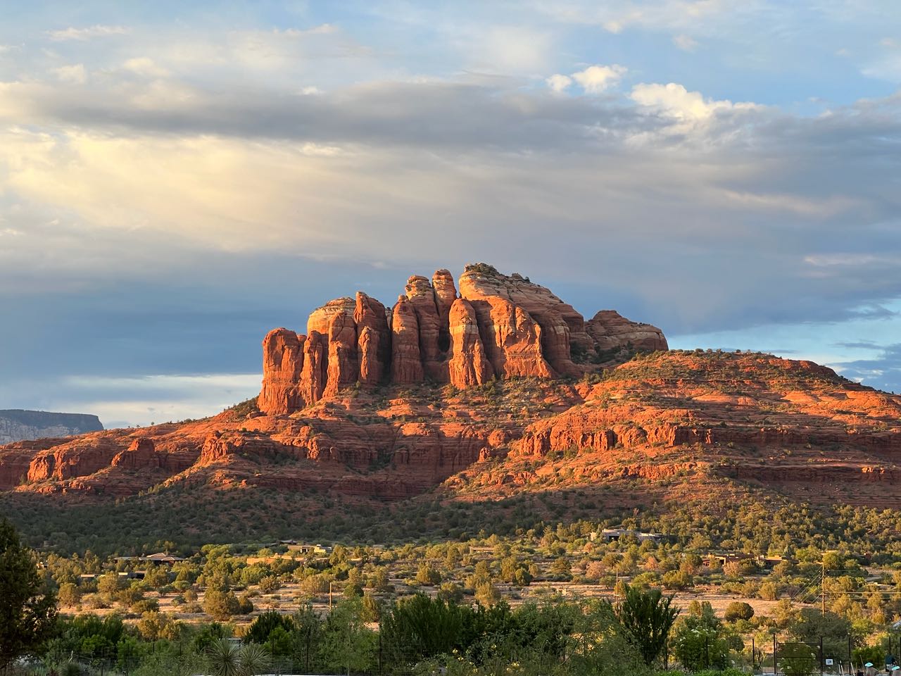 Cathedral Rock lit red-orange at golden hour