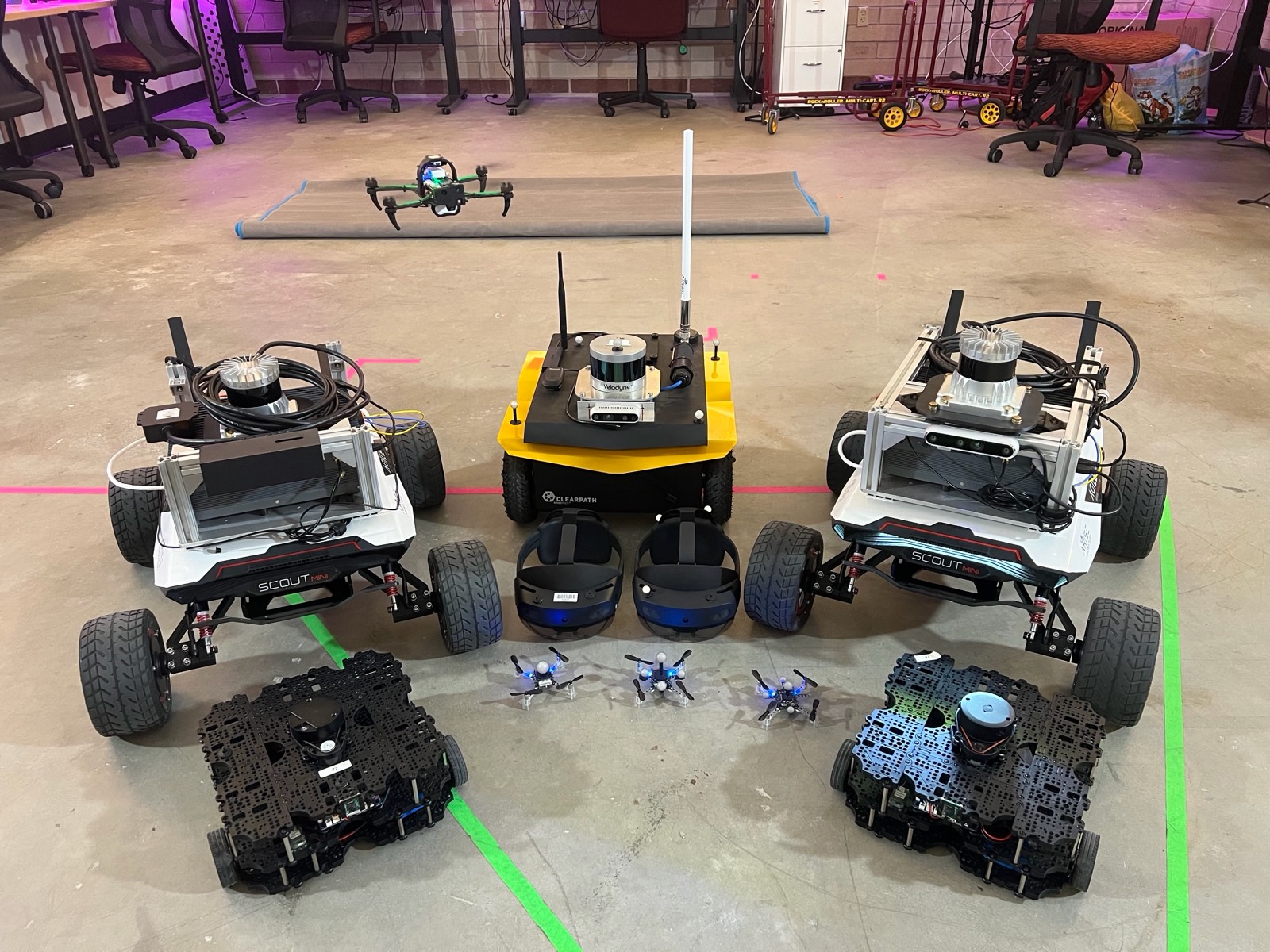 The ARISE Lab robot fleet including ground robots, drones, and AR headsets