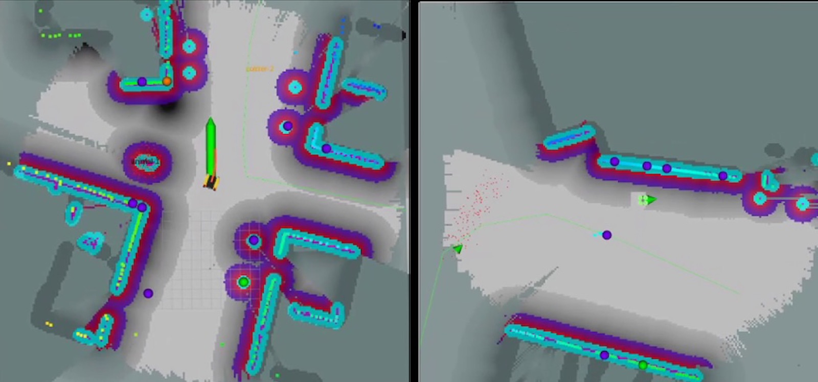 Two RViz views of the simulator showing colored spheres on the nearest obstacle in each sector around the ground robot and the drone, plus a green action vector on the ground robot