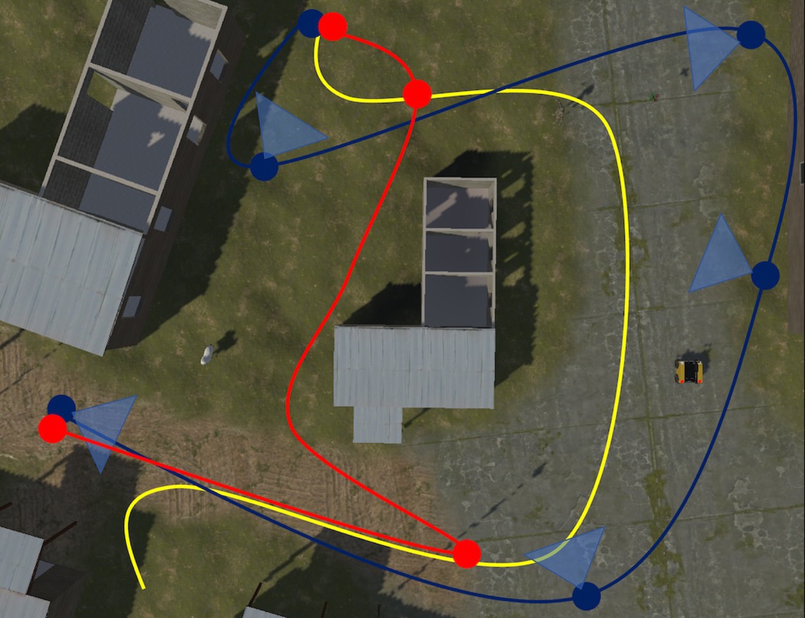Top-down simulation trajectories: the person's yellow path loops around a building, the drone's blue path traces the loop, and the ground robot's red path cuts through the middle