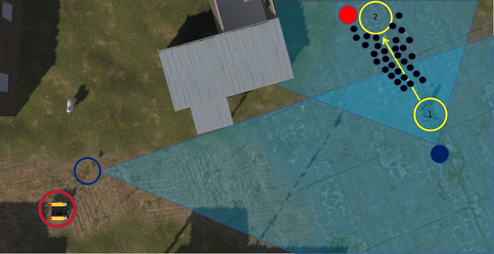 Top-down simulation view showing the drone's visible area as a translucent blue cone, a cloud of black dots for the person's possible future positions, and the chosen goals for drone and ground robot